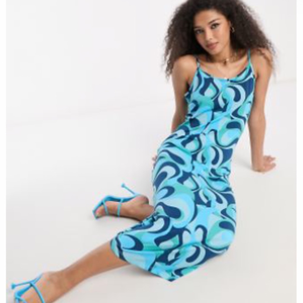 VILA Teal and Navy Swirl Maxi Dress